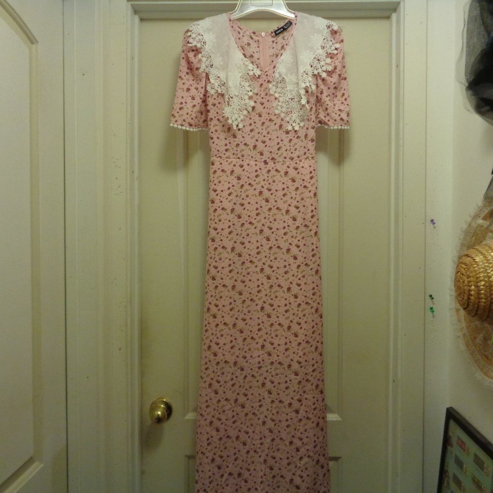 ROMANCE GIRL COQUETTE SHEIN PINK FLOWERS MAXI DRESS W LACE COLLAR S